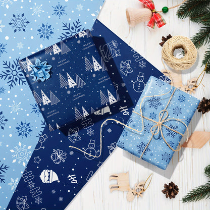 12pcs Dark Blue Christmas Wrapping Paper with Snowflake & Reindeer Designs - Perfect for Gift Boxes, Party Favors & Decorations