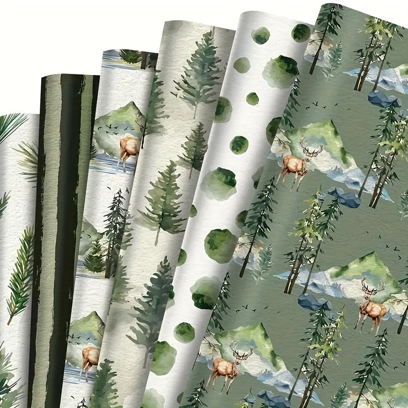 12-Pack Vintage Christmas Wrapping Paper, Festive Green Holiday Handmade Gift Wrap, Christmas Tree & Reindeer Themed, Office Gift Packaging, No Accessories Included