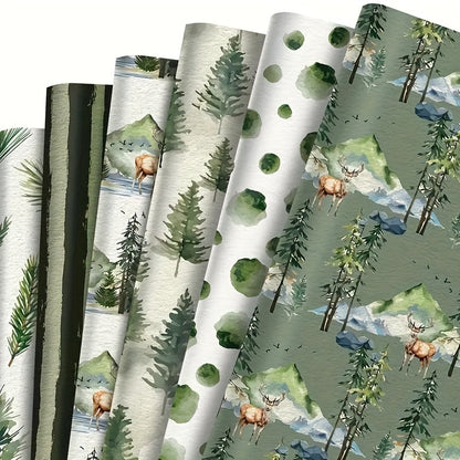 12-Pack Vintage Christmas Wrapping Paper, Festive Green Holiday Handmade Gift Wrap, Christmas Tree & Reindeer Themed, Office Gift Packaging, No Accessories Included