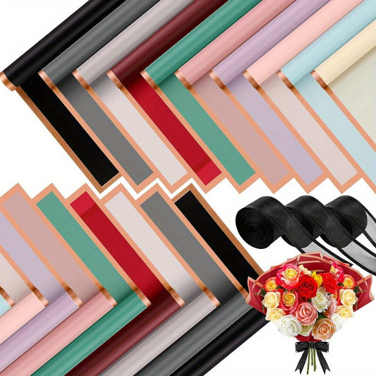 60PCS Floral Gift Wrapping Paper, 10 Color Blends, Semi-Transparent Rose Korean Style Grid Pattern with Golden Border, Flower Bouquet Packaging Materials, Bouquet Supplies