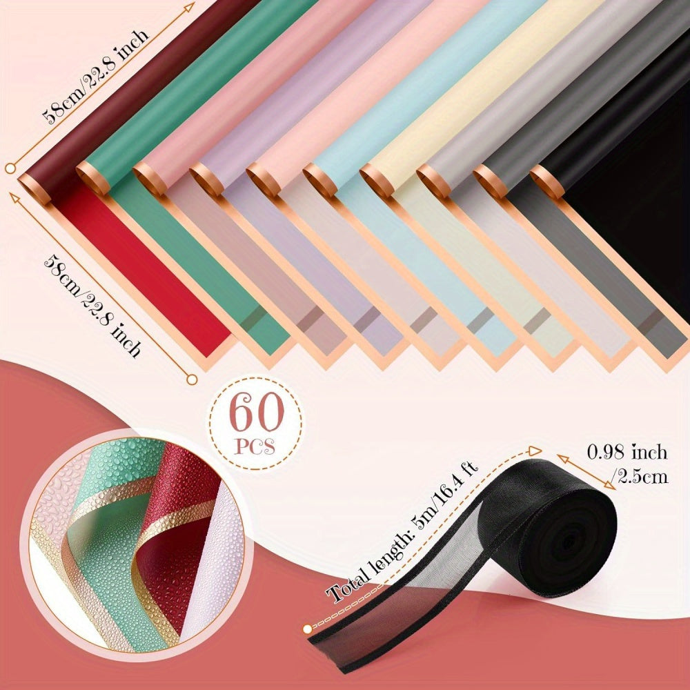 60PCS Floral Gift Wrapping Paper, 10 Color Blends, Semi-Transparent Rose Korean Style Grid Pattern with Golden Border, Flower Bouquet Packaging Materials, Bouquet Supplies