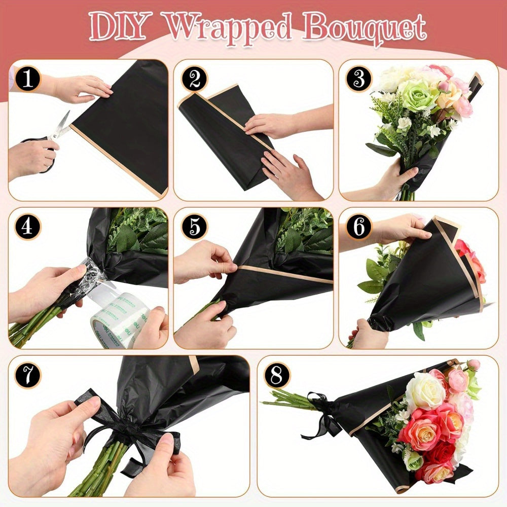 60PCS Floral Gift Wrapping Paper, 10 Color Blends, Semi-Transparent Rose Korean Style Grid Pattern with Golden Border, Flower Bouquet Packaging Materials, Bouquet Supplies