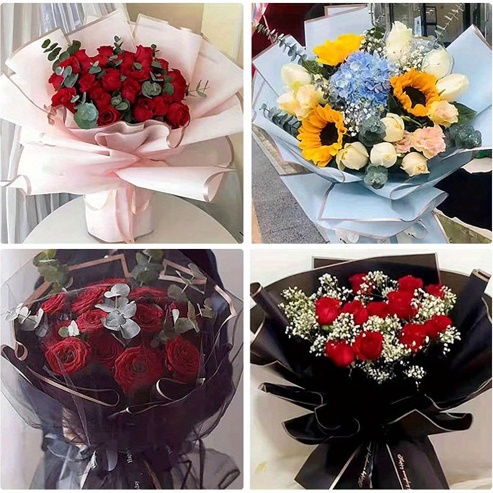 60PCS Floral Gift Wrapping Paper, 10 Color Blends, Semi-Transparent Rose Korean Style Grid Pattern with Golden Border, Flower Bouquet Packaging Materials, Bouquet Supplies