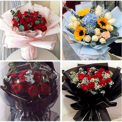 60PCS Floral Gift Wrapping Paper, 10 Color Blends, Semi-Transparent Rose Korean Style Grid Pattern with Golden Border, Flower Bouquet Packaging Materials, Bouquet Supplies