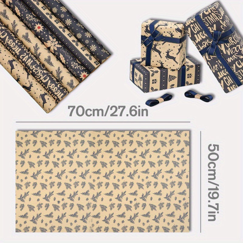 6pcs 6-Pack Vintage Christmas Wrapping Paper Rolls: Reindeer & Snowflake Pattern Kraft Paper Gift Wrap Set for Birthday, Holiday, & Festive Occasions