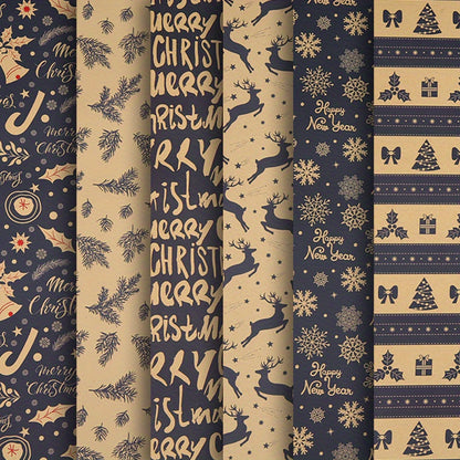6pcs 6-Pack Vintage Christmas Wrapping Paper Rolls: Reindeer & Snowflake Pattern Kraft Paper Gift Wrap Set for Birthday, Holiday, & Festive Occasions