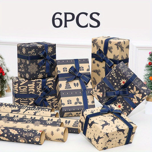 6pcs 6-Pack Vintage Christmas Wrapping Paper Rolls: Reindeer & Snowflake Pattern Kraft Paper Gift Wrap Set for Birthday, Holiday, & Festive Occasions
