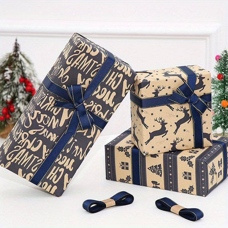 6pcs 6-Pack Vintage Christmas Wrapping Paper Rolls: Reindeer & Snowflake Pattern Kraft Paper Gift Wrap Set for Birthday, Holiday, & Festive Occasions