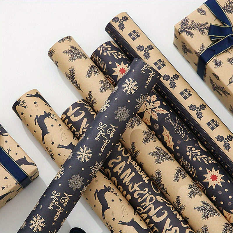 6pcs 6-Pack Vintage Christmas Wrapping Paper Rolls: Reindeer & Snowflake Pattern Kraft Paper Gift Wrap Set for Birthday, Holiday, & Festive Occasions