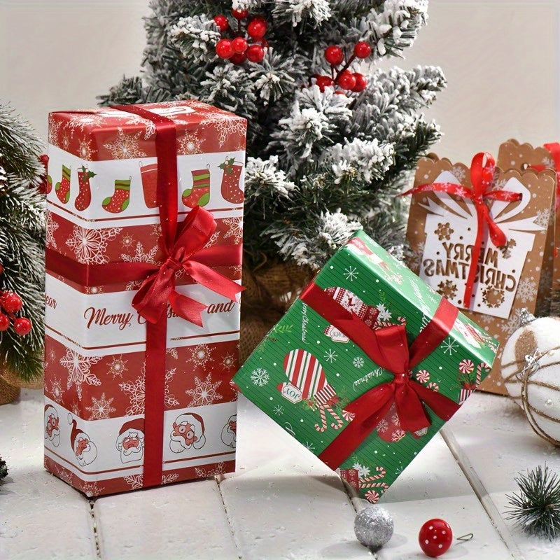 8-Pack Christmas Gift Wrapping Paper - High-Quality Double Copper Paper with Festive Santa, Reindeer & Tree Patterns for Holiday Gifts