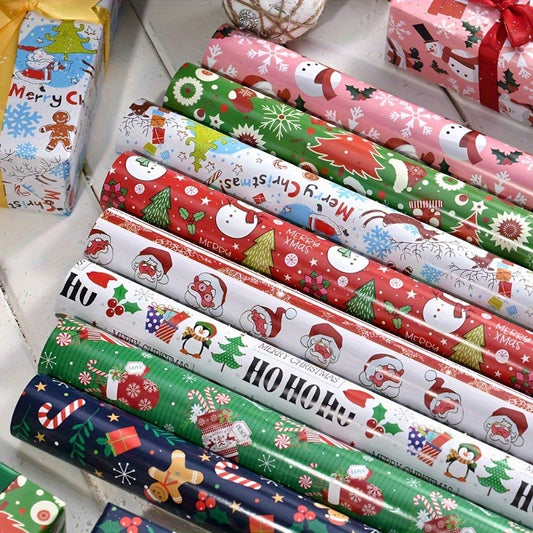8-Pack Christmas Gift Wrapping Paper - High-Quality Double Copper Paper with Festive Santa, Reindeer & Tree Patterns for Holiday Gifts