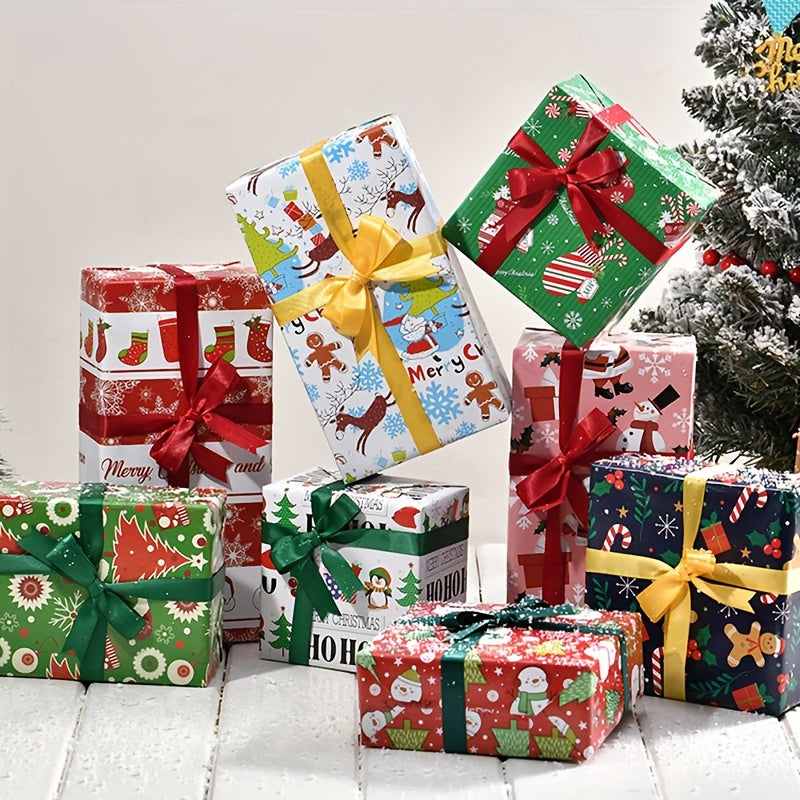 8-Pack Christmas Gift Wrapping Paper - High-Quality Double Copper Paper with Festive Santa, Reindeer & Tree Patterns for Holiday Gifts