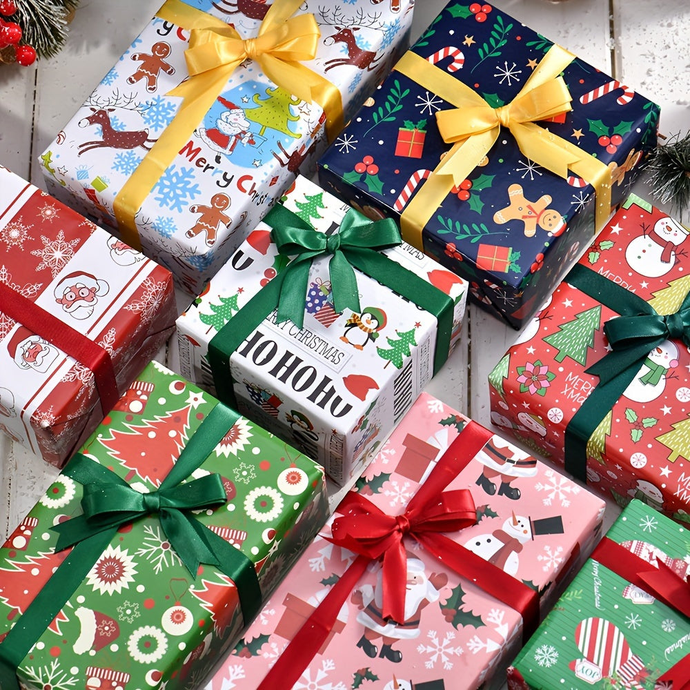 8-Pack Christmas Gift Wrapping Paper - High-Quality Double Copper Paper with Festive Santa, Reindeer & Tree Patterns for Holiday Gifts