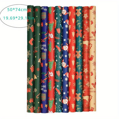 10 Pcs Christmas Gift Wrapping Paper Set, Thick Kraft Cartoons Wrap for Holiday Presents, Featuring Santa, Reindeer, Christmas Trees - Festive Assorted Designs Without Accessories