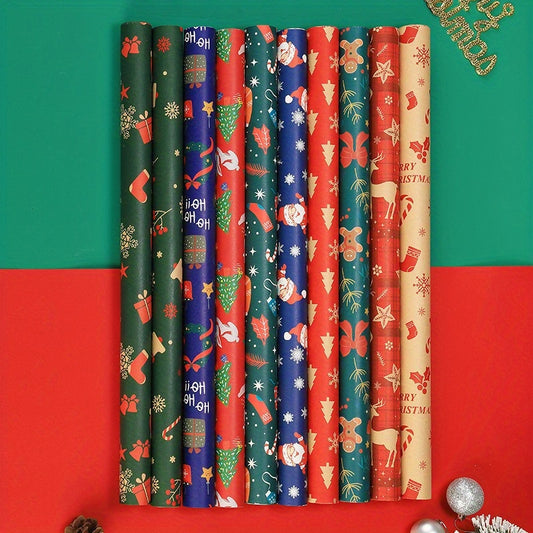 10 Pcs Christmas Gift Wrapping Paper Set, Thick Kraft Cartoons Wrap for Holiday Presents, Featuring Santa, Reindeer, Christmas Trees - Festive Assorted Designs Without Accessories
