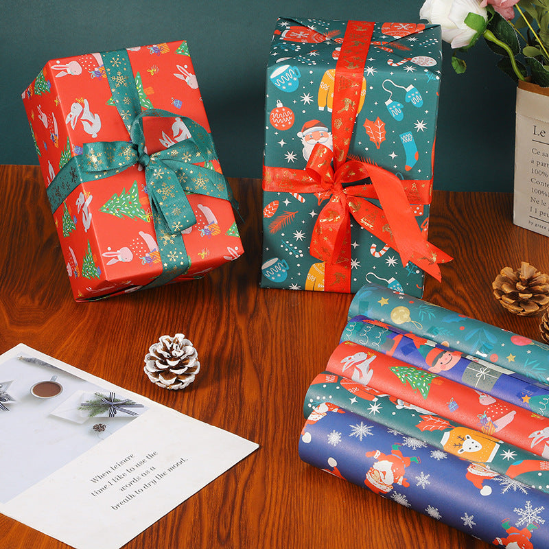 10 Pcs Christmas Gift Wrapping Paper Set, Thick Kraft Cartoons Wrap for Holiday Presents, Featuring Santa, Reindeer, Christmas Trees - Festive Assorted Designs Without Accessories