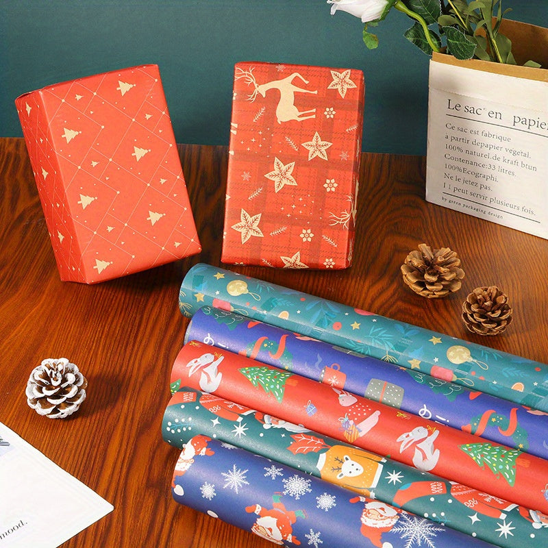 10 Pcs Christmas Gift Wrapping Paper Set, Thick Kraft Cartoons Wrap for Holiday Presents, Featuring Santa, Reindeer, Christmas Trees - Festive Assorted Designs Without Accessories