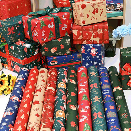 10 Pcs Christmas Gift Wrapping Paper Set, Thick Kraft Cartoons Wrap for Holiday Presents, Featuring Santa, Reindeer, Christmas Trees - Festive Assorted Designs Without Accessories