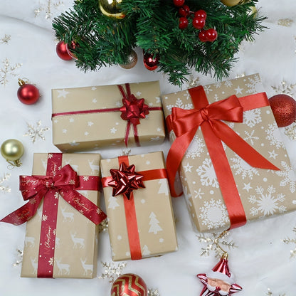 8-Pack Christmas Gift Wrapping Paper Rolls, Kraft Brown with White Patterns, Eco-Friendly Paper Material, Assorted Designs for Holiday Presents