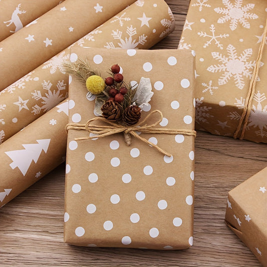 8-Pack Christmas Gift Wrapping Paper Rolls, Kraft Brown with White Patterns, Eco-Friendly Paper Material, Assorted Designs for Holiday Presents