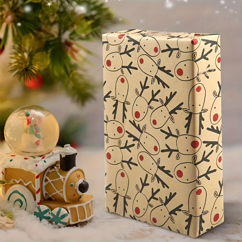 Vintage Reindeer Christmas Kraft Wrapping Paper Roll - Large 16.9" x 118.1" Light Brown Animal Pattern, Smooth Finish for Gifts & Crafts