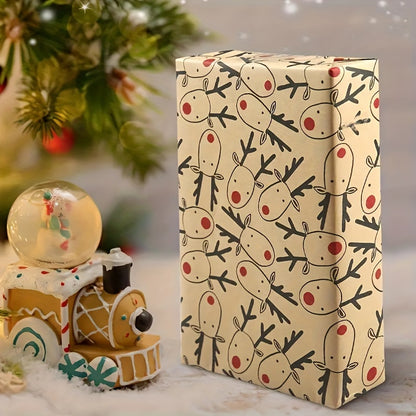 Vintage Reindeer Christmas Kraft Wrapping Paper Roll - Large 16.9" x 118.1" Light Brown Animal Pattern, Smooth Finish for Gifts & Crafts