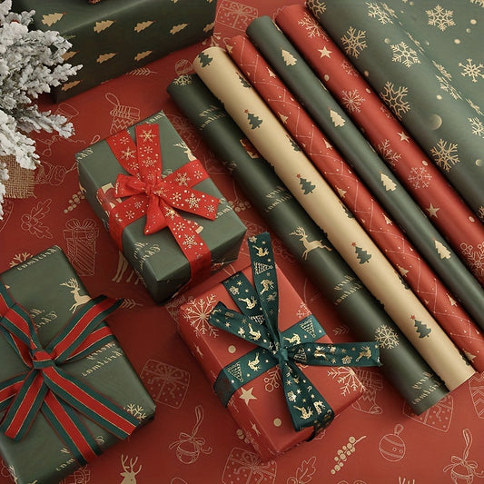 7pcs Festive Kraft Wrapping Paper Set, Christmas Gift Wrap with Snowflake and Reindeer Design, Thick Paper for Holiday Presents and DIY Crafts