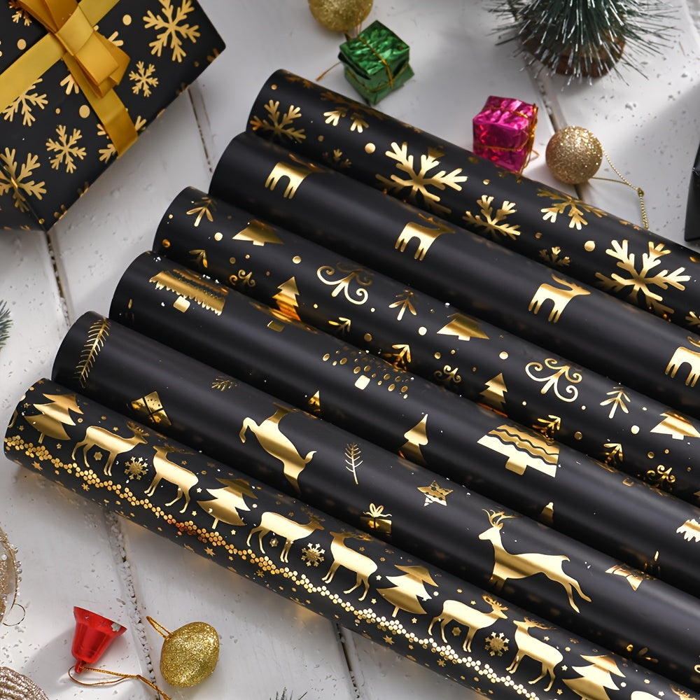 6 Pcs Foil Christmas Wrapping Paper - 19.7 Inches X 27.5 Inches Each - Black Gold Xmas Design For Parties, Holidays Gift