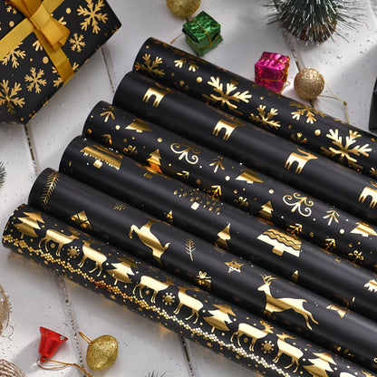 6 Pcs Foil Christmas Wrapping Paper - 19.7 Inches X 27.5 Inches Each - Black Gold Xmas Design For Parties, Holidays Gift