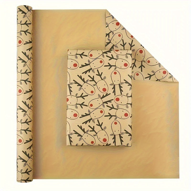 Vintage Reindeer Christmas Kraft Wrapping Paper Roll - Large 16.9" x 118.1" Light Brown Animal Pattern, Smooth Finish for Gifts & Crafts