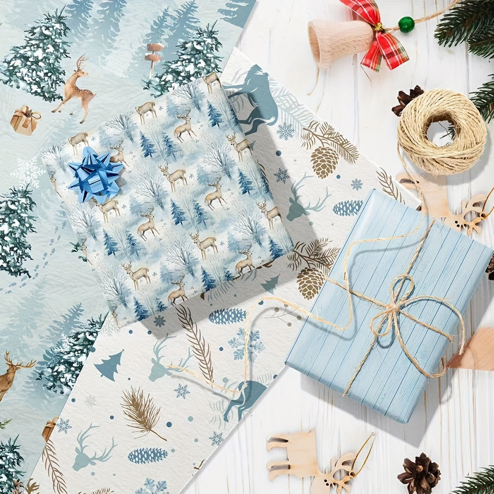 6pcs Premium Blue Series Gift Wrap with Reindeer & Forest Christmas Tree Design - Festive Holiday Wrapping Paper for Gifts, Perfect for Birthdays, Weddings, Youngsters Showers, Bridal Showers & More