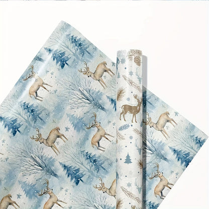 6pcs Premium Blue Series Gift Wrap with Reindeer & Forest Christmas Tree Design - Festive Holiday Wrapping Paper for Gifts, Perfect for Birthdays, Weddings, Youngsters Showers, Bridal Showers & More