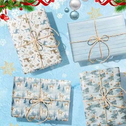 6pcs Premium Blue Series Gift Wrap with Reindeer & Forest Christmas Tree Design - Festive Holiday Wrapping Paper for Gifts, Perfect for Birthdays, Weddings, Youngsters Showers, Bridal Showers & More
