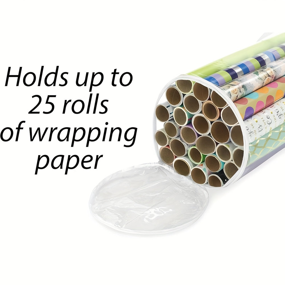 1Pack Clear Christmas New Year Gift Wrap Organizer, Fits 25 Rolls of 30 Inch Long, Heavy Duty PVC Wrapping Paper Storage Bag with Handles and Zippered Top, Tote Clear Tube Container, Ornament Storage