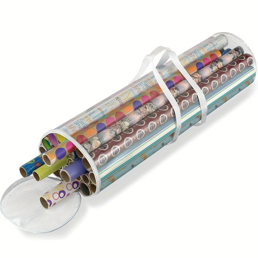 1Pack Clear Christmas New Year Gift Wrap Organizer, Fits 25 Rolls of 30 Inch Long, Heavy Duty PVC Wrapping Paper Storage Bag with Handles and Zippered Top, Tote Clear Tube Container, Ornament Storage