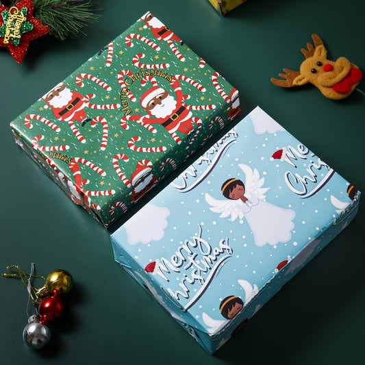 Festive 4-Style African American Christmas Wrapping Paper: 20x28 Inch Bulk Gift Wrap with Cute Xmas Designs for Black People - Holiday Birthday Office Supplies