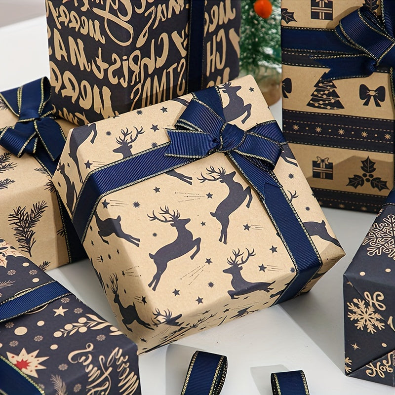 6pcs 6-Pack Vintage Christmas Wrapping Paper Rolls: Reindeer & Snowflake Pattern Kraft Paper Gift Wrap Set for Birthday, Holiday, & Festive Occasions