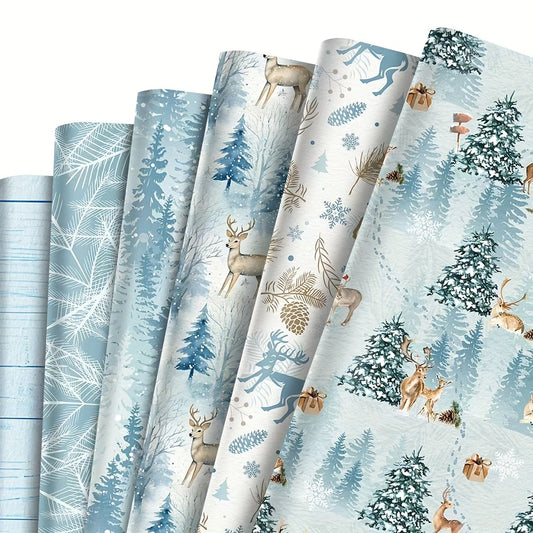 6pcs Premium Blue Series Gift Wrap with Reindeer & Forest Christmas Tree Design - Festive Holiday Wrapping Paper for Gifts, Perfect for Birthdays, Weddings, Youngsters Showers, Bridal Showers & More