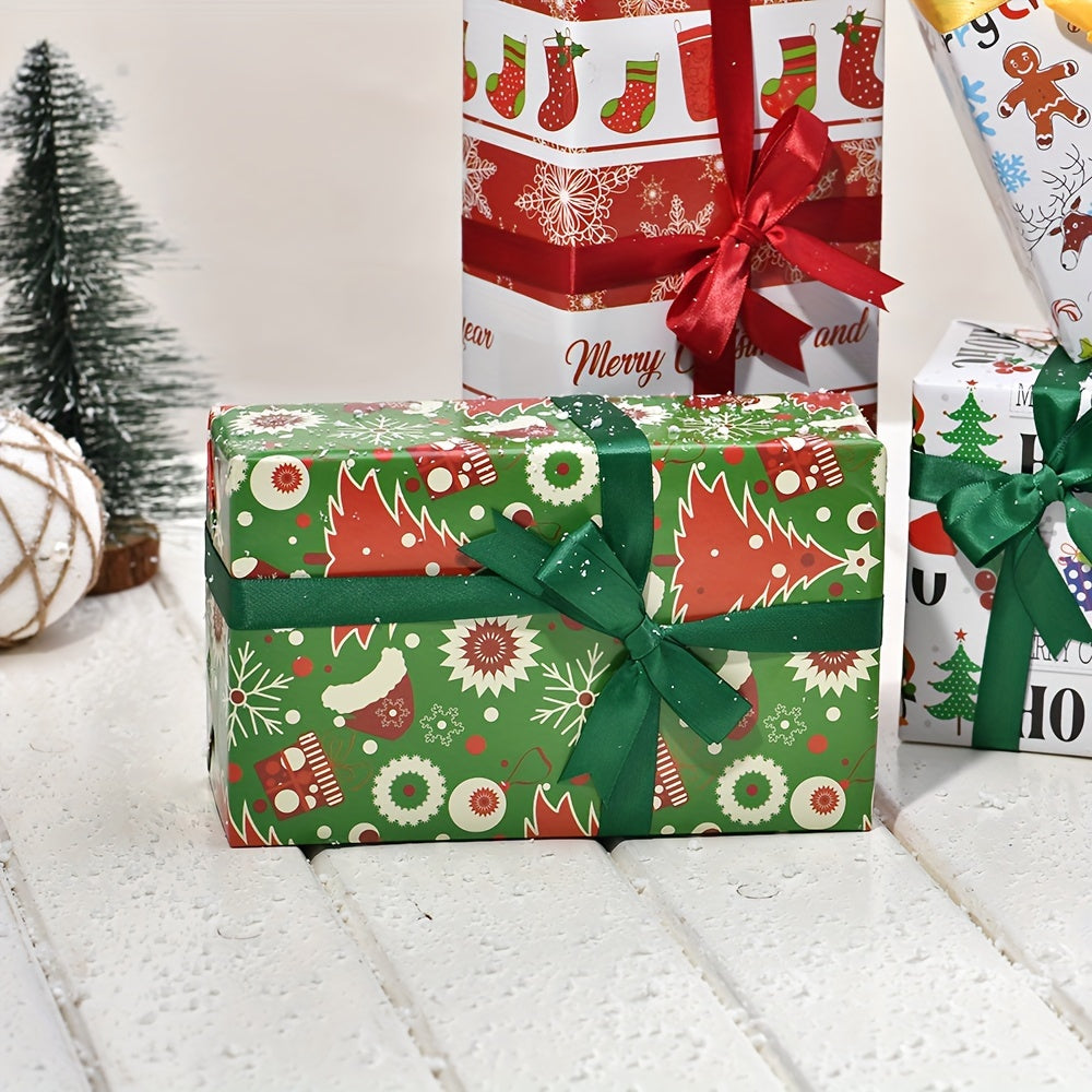 8-Pack Christmas Gift Wrapping Paper - High-Quality Double Copper Paper with Festive Santa, Reindeer & Tree Patterns for Holiday Gifts