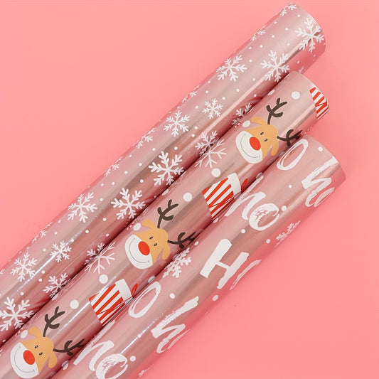 Glossy Christmas Wrapping Paper Roll - Large Size, Reindeer & Santa Design, Pink, 17in x 16Ft - Festive Gift Wrap for Holiday Presents