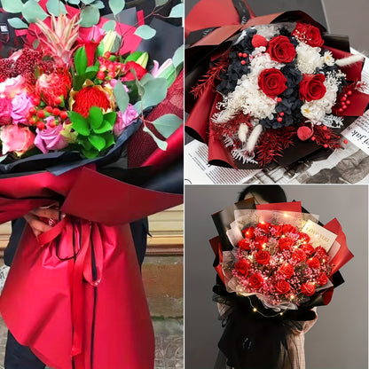 Double-Sided Color 20 Sheets Waterproof Red And Black Flower Wrapping Paper - Gift Packaging DIY Crafts, Tissue Paper, Bouquet Supplies - Any Occasion Decor, Weddings Wrap