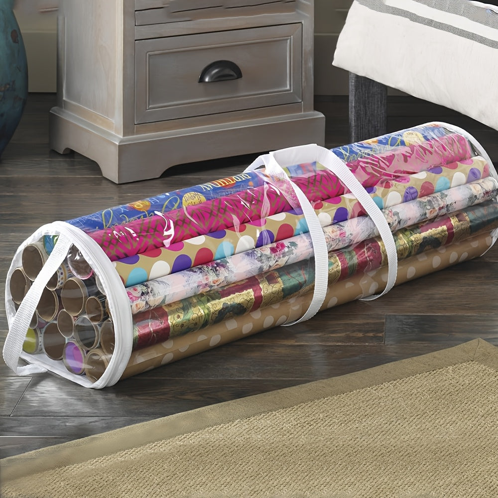 1Pack Clear Christmas New Year Gift Wrap Organizer, Fits 25 Rolls of 30 Inch Long, Heavy Duty PVC Wrapping Paper Storage Bag with Handles and Zippered Top, Tote Clear Tube Container, Ornament Storage