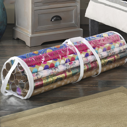1Pack Clear Christmas New Year Gift Wrap Organizer, Fits 25 Rolls of 30 Inch Long, Heavy Duty PVC Wrapping Paper Storage Bag with Handles and Zippered Top, Tote Clear Tube Container, Ornament Storage