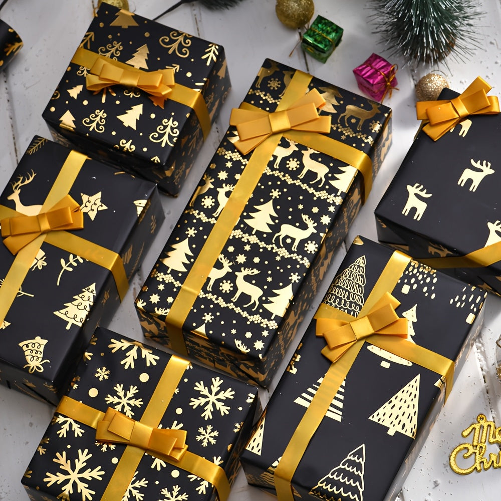 6 Pcs Foil Christmas Wrapping Paper - 19.7 Inches X 27.5 Inches Each - Black Gold Xmas Design For Parties, Holidays Gift