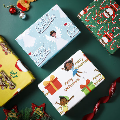 Festive 4-Style African American Christmas Wrapping Paper: 20x28 Inch Bulk Gift Wrap with Cute Xmas Designs for Black People - Holiday Birthday Office Supplies