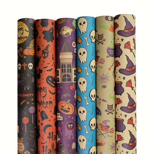 6-Piece Halloween Gift Wrap Set - Pumpkin, Ghost, Castle, Potion, Skull & Broom Patterns | Premium Wrapping Paper For Spooky Party Decorations