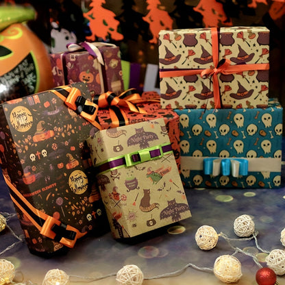 6-Piece Halloween Gift Wrap Set - Pumpkin, Ghost, Castle, Potion, Skull & Broom Patterns | Premium Wrapping Paper For Spooky Party Decorations