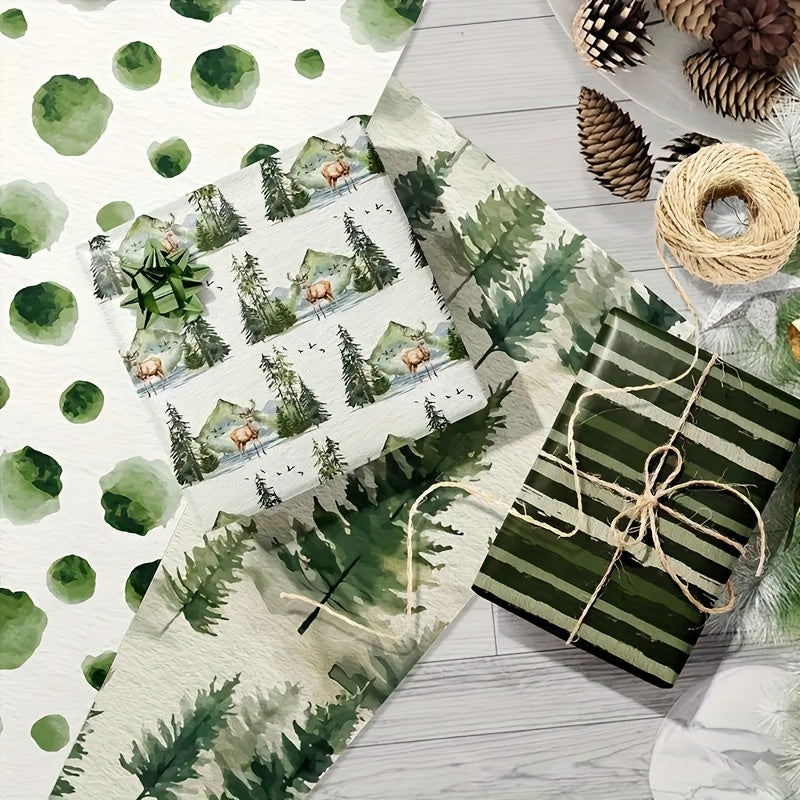 12-Pack Vintage Christmas Wrapping Paper, Festive Green Holiday Handmade Gift Wrap, Christmas Tree & Reindeer Themed, Office Gift Packaging, No Accessories Included