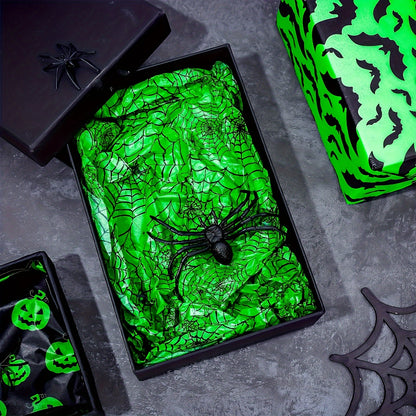 90-Pack Halloween Wrapping Paper - Black & Green With Pumpkin, Spider Web & Bat Designs, 13.8X19.7 Inches - Perfect For Party Favors & Crafts