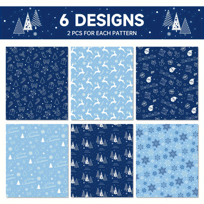 12pcs Dark Blue Christmas Wrapping Paper with Snowflake & Reindeer Designs - Perfect for Gift Boxes, Party Favors & Decorations